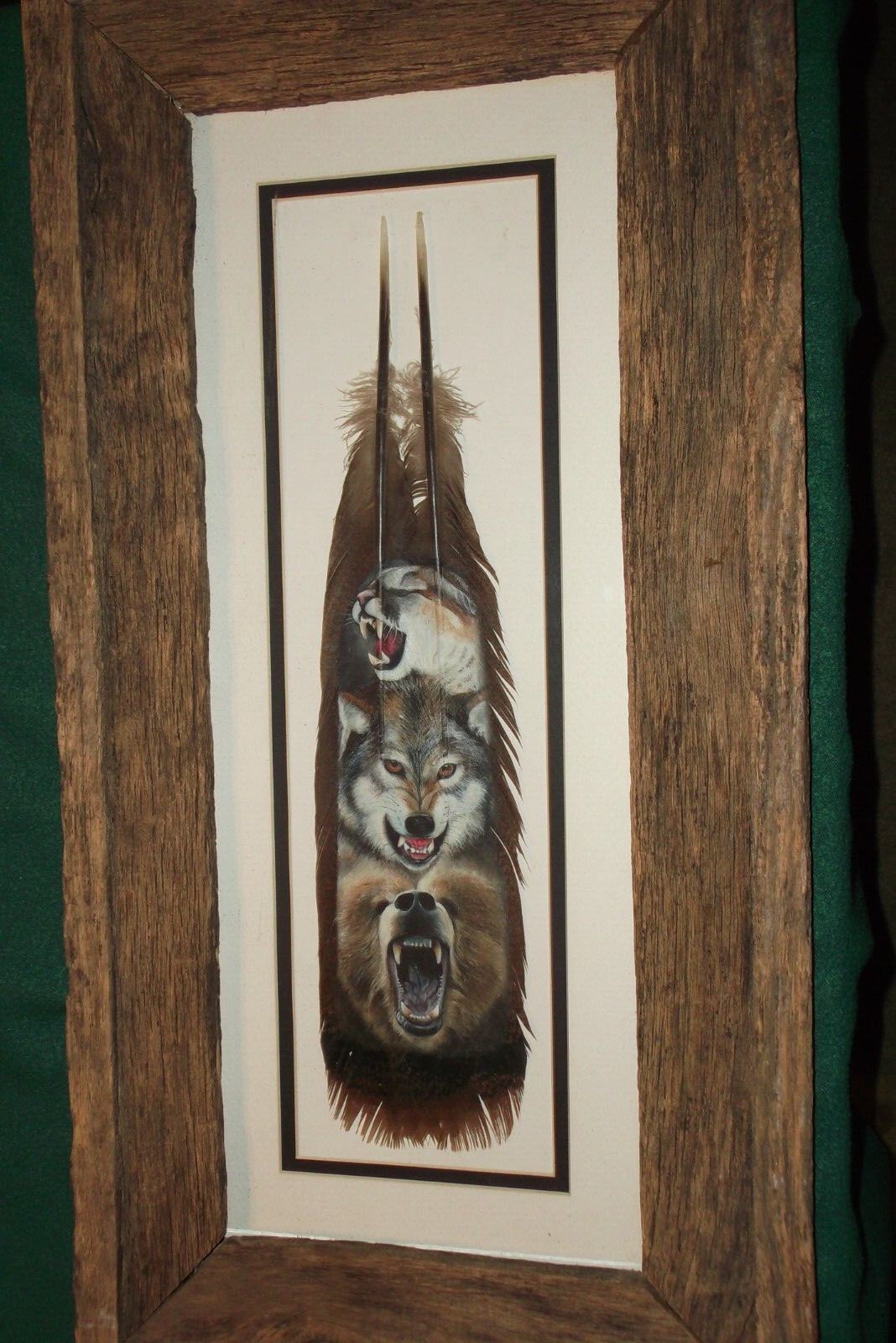 Wolf, Bear, Mt. Lion Hand Painted on Feathers 13″x26″ Barnwood Frame By S. Oneal