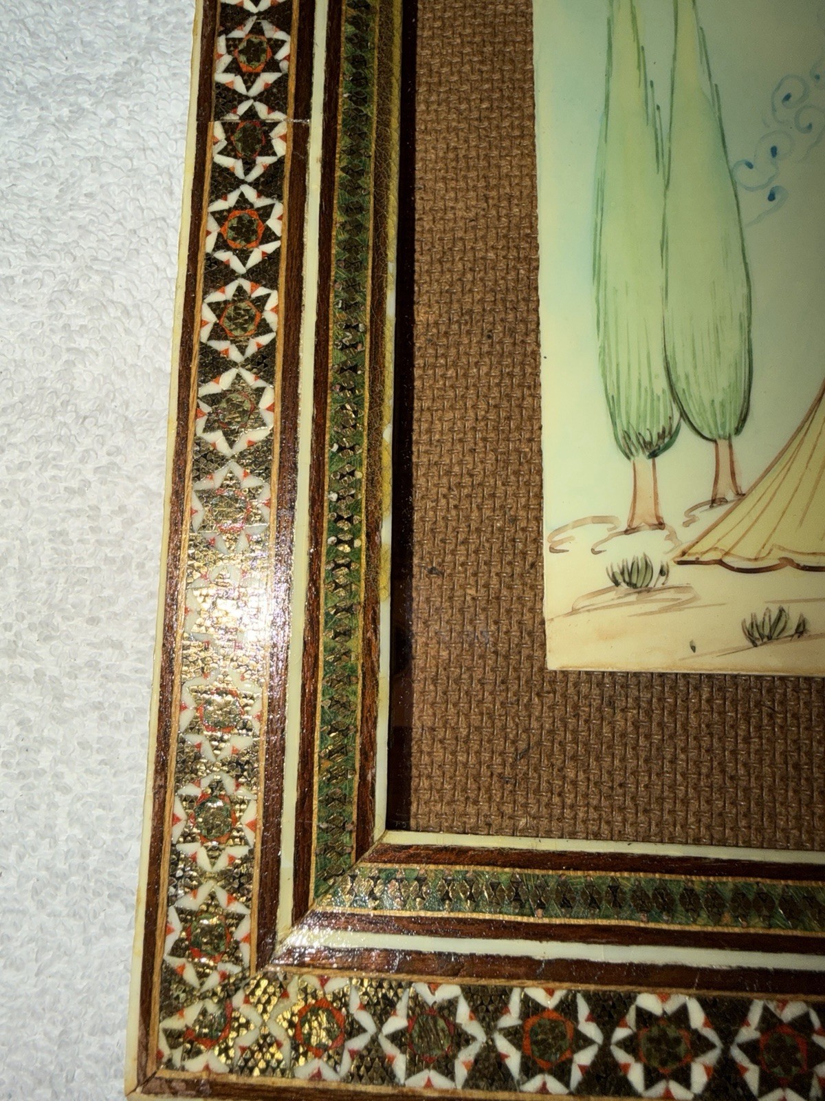 Antique Persian Art Miniature Hand painted Couple With Hand Inlaid Mosaic Frame