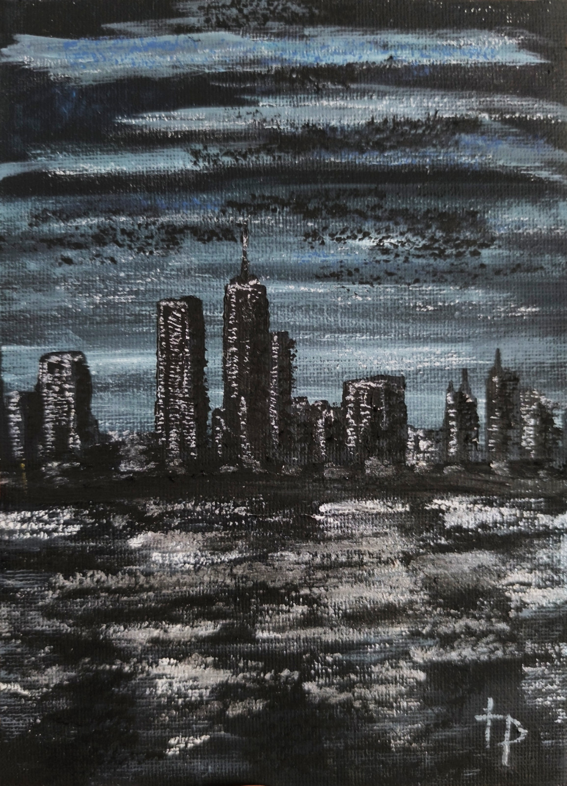 Small Urban Night Oil Painting Skyline Cityscape in Expressionist Style 5×7 Inch