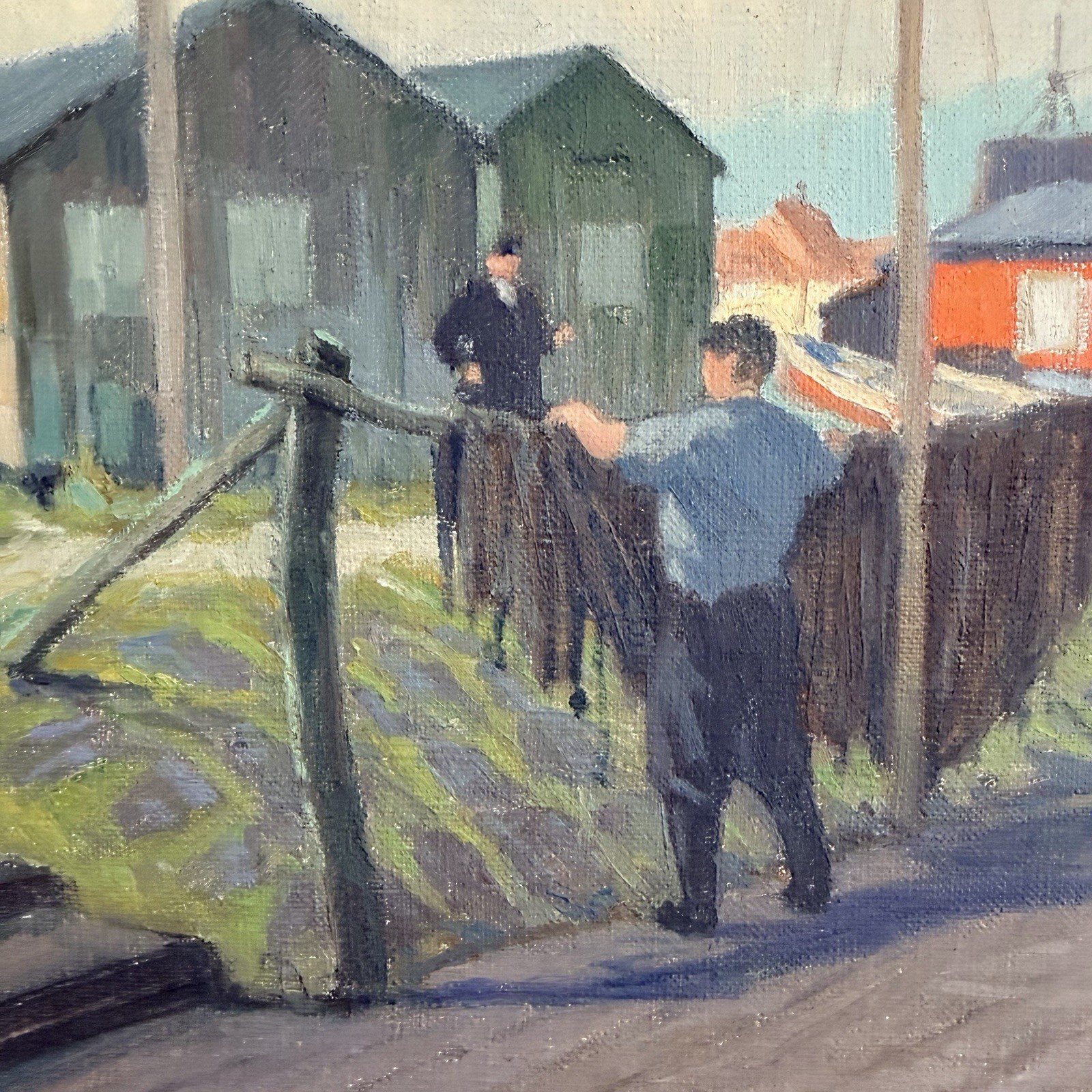 Danish Impressionist Oil Canvas Painting Dock Harbor Scene Boats Signed 1957 MCM