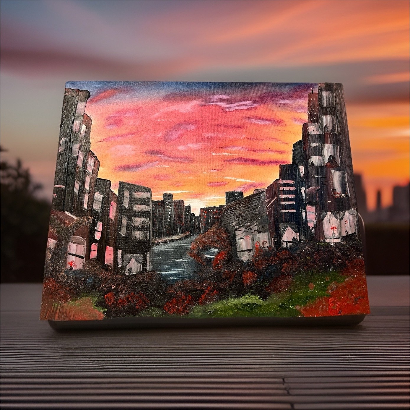 Contemporary Oil Painting on Canvas – Small Cityscape, Architecture Scene