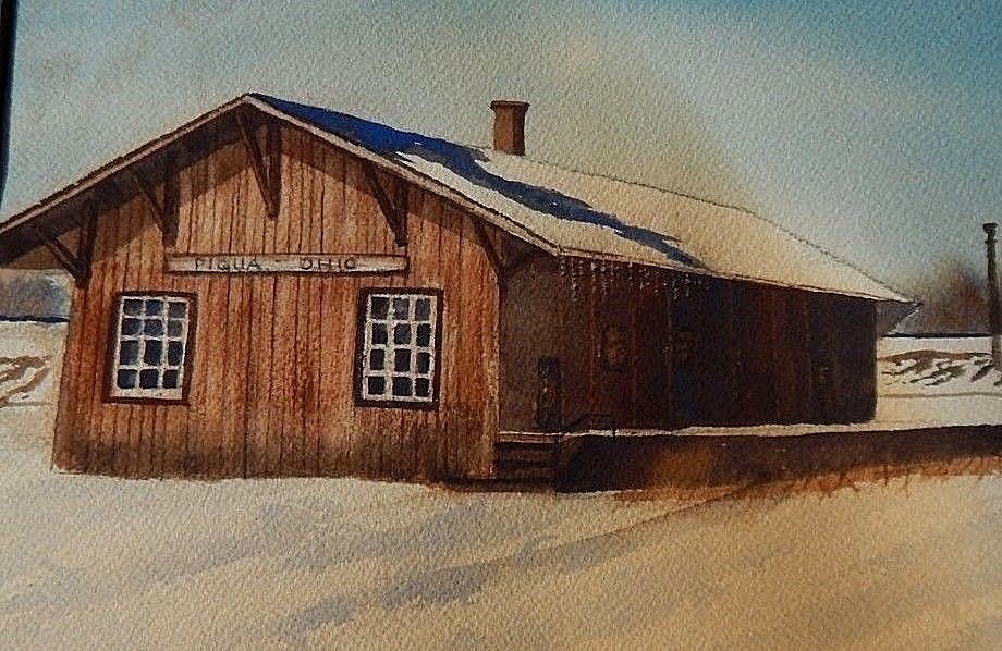 Train Station, Piqua, Ohio, Original Watercolor Painting, Framed, Matted.