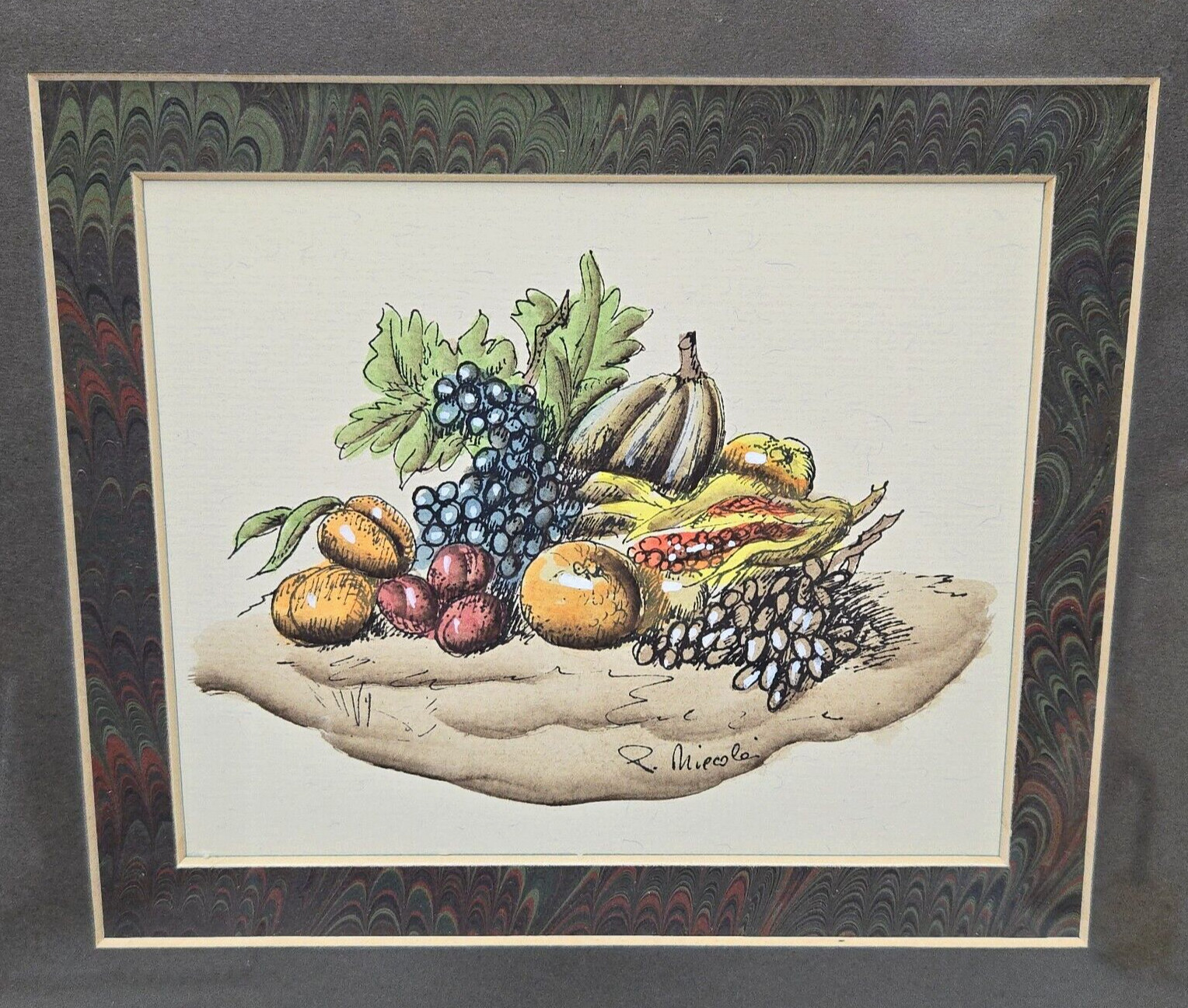 Vintage Fruit Still Life Painting Framed Signed Italian Artist 11.25″ x 12.25″