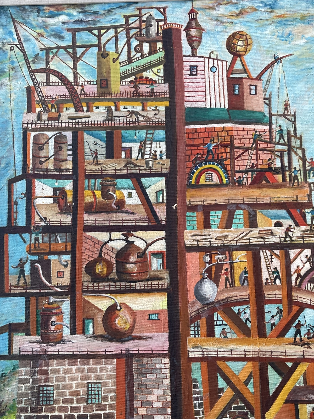 Vintage Industrial Painting Construction Workers Factory Urban Modernism Listed