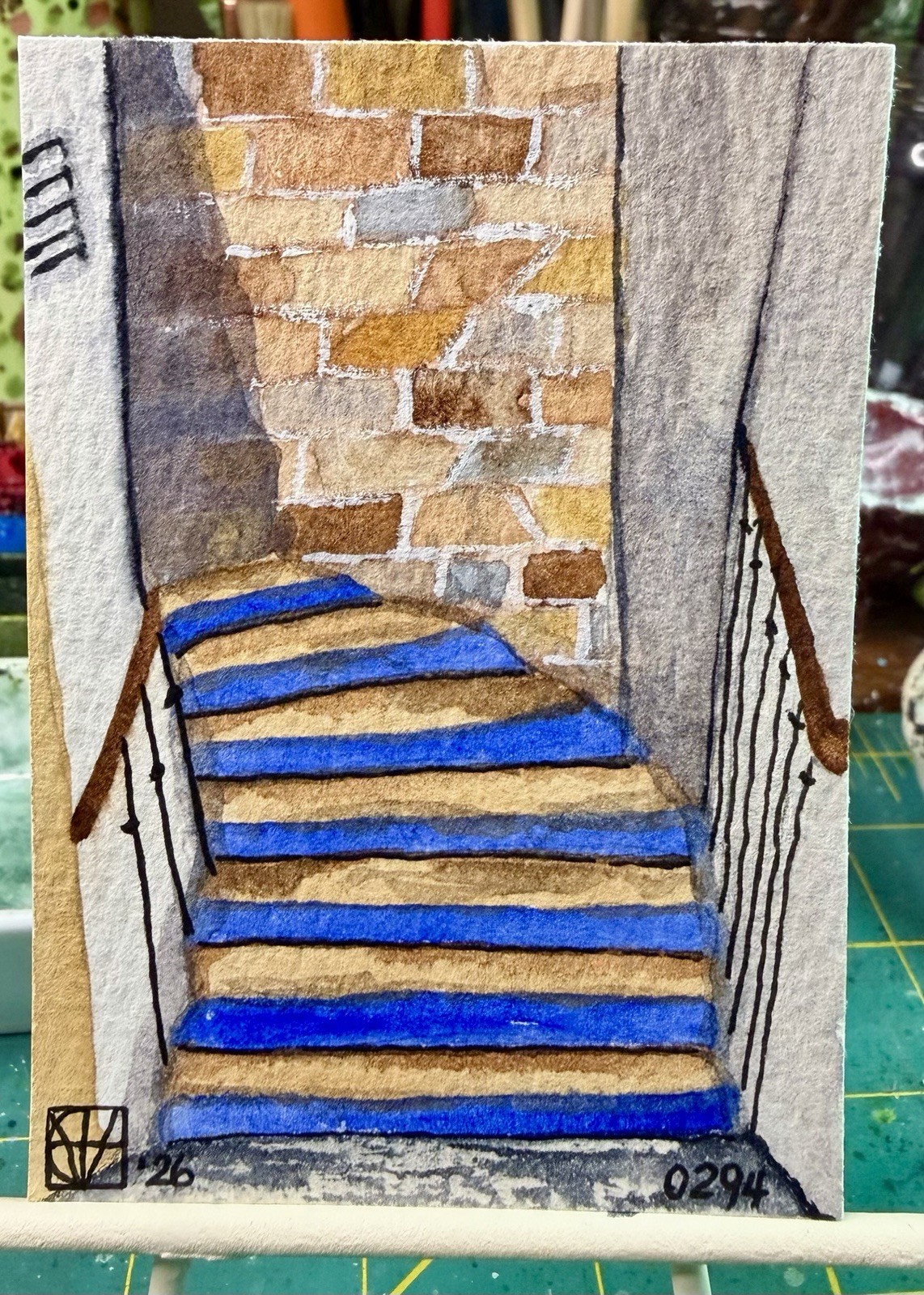 ACEO Painting by M. Hackney Staircase Watercolor & Ink, Signed Original 2.5×3.5″