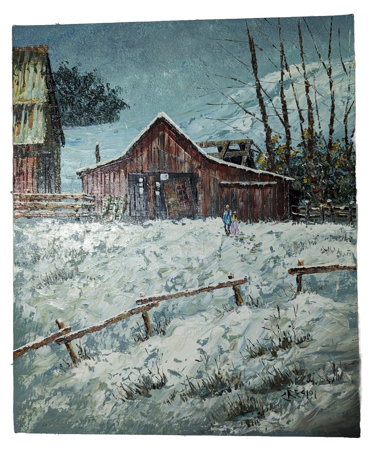 David Crespi (1928-1992) Vintage Oil On Canvas » Winter Farm» Landscape Painting