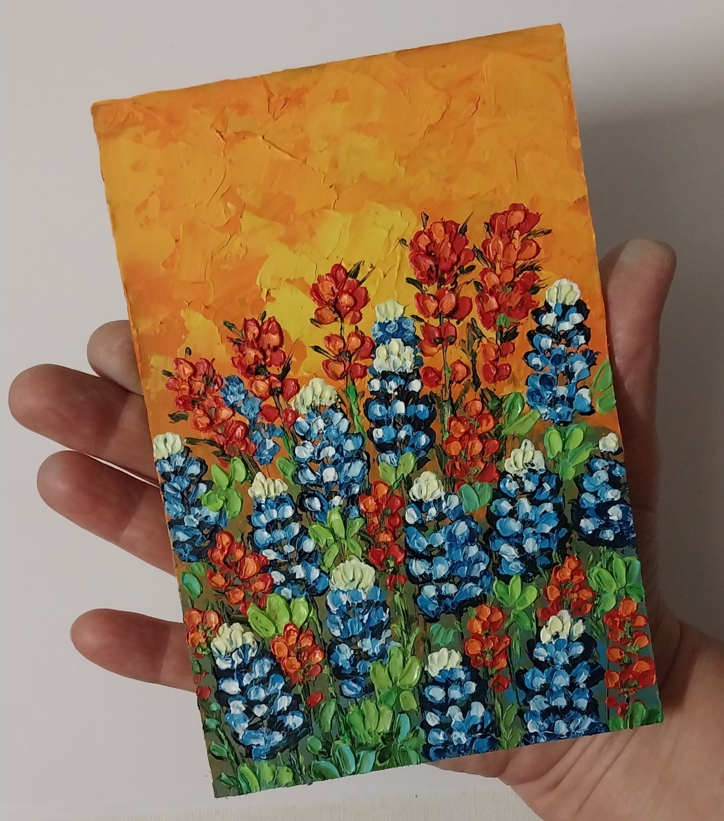 Framed Texas Bluebonnets Indian Brushes Art 4×6″ Impasto Oil Painting Original