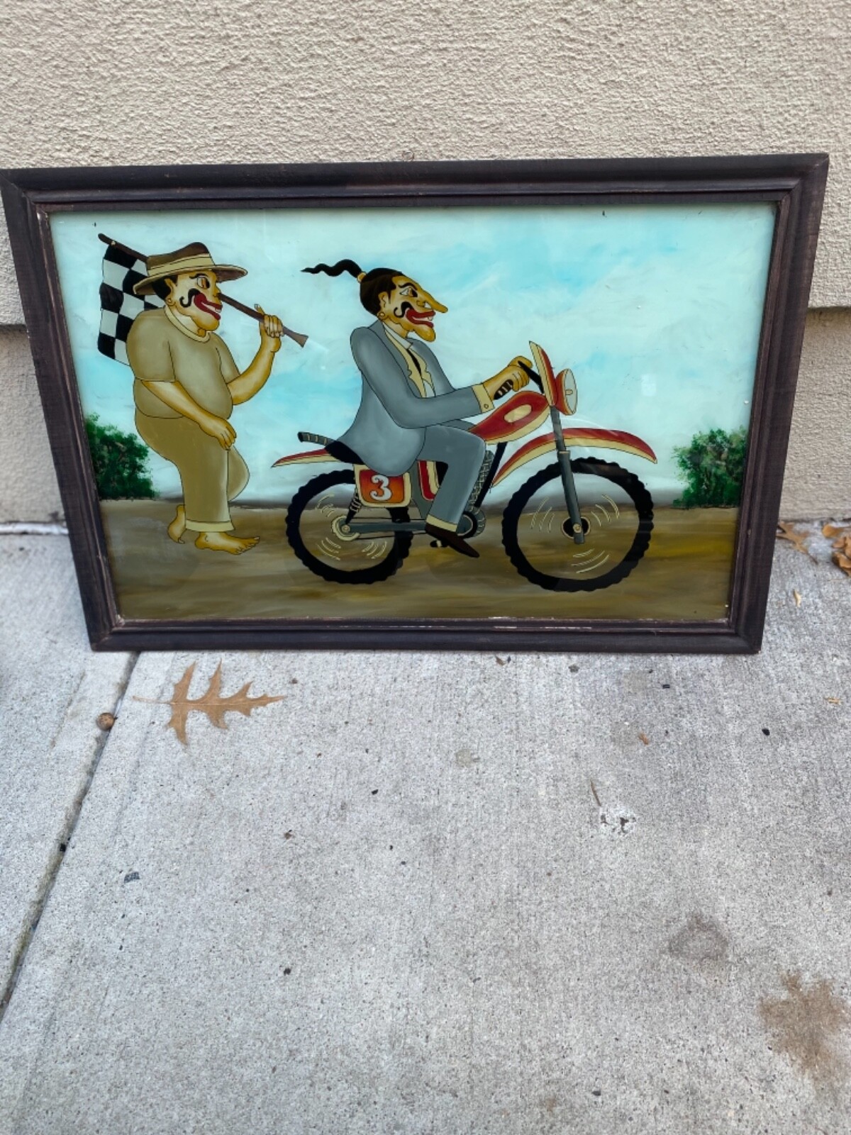 VINTAGE BICYCLE RIDER ETHNIC PAINTING ON GLASS