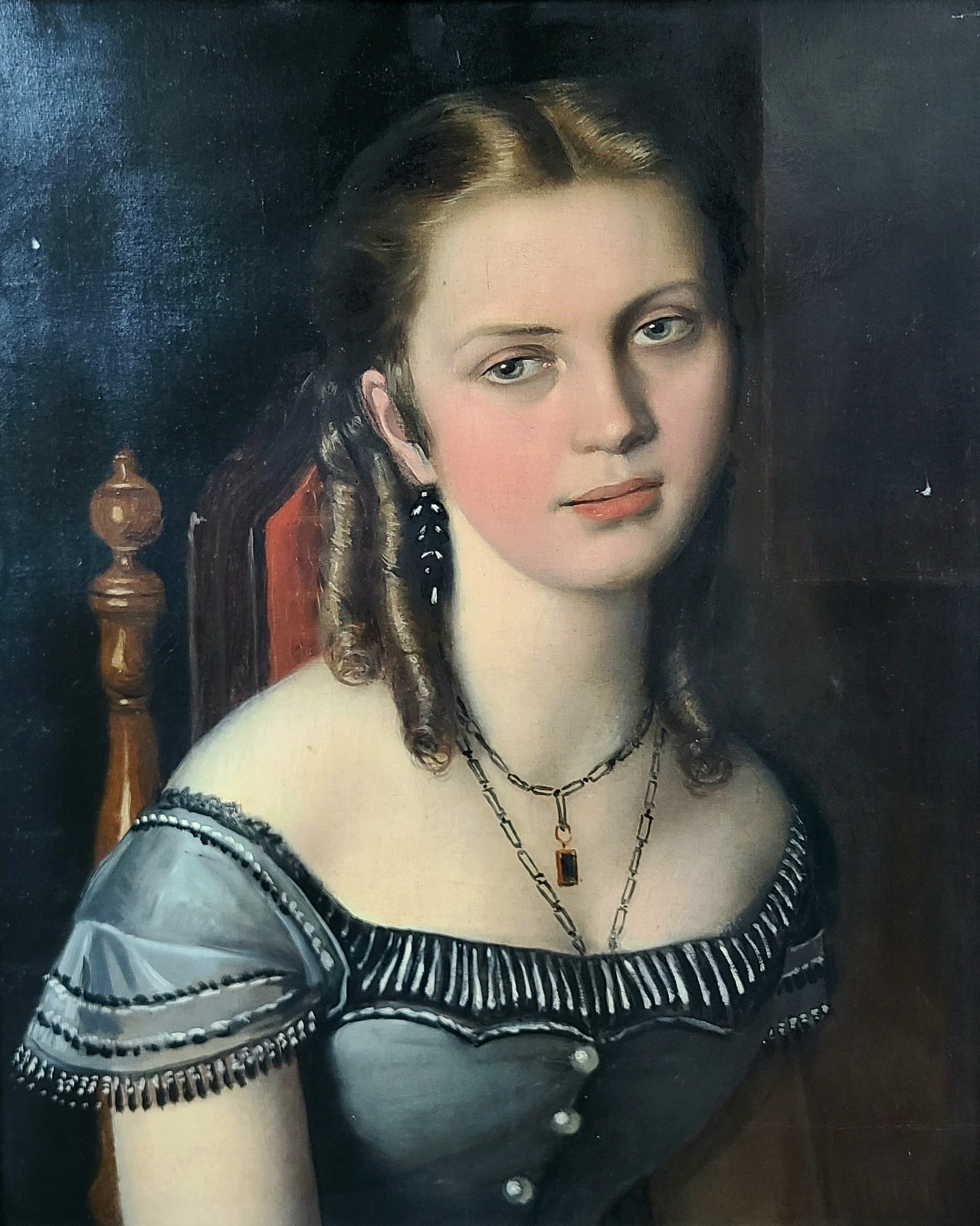 Antique 19th Century Oil Painting Portrait of a Victorian Gothic Young Lady
