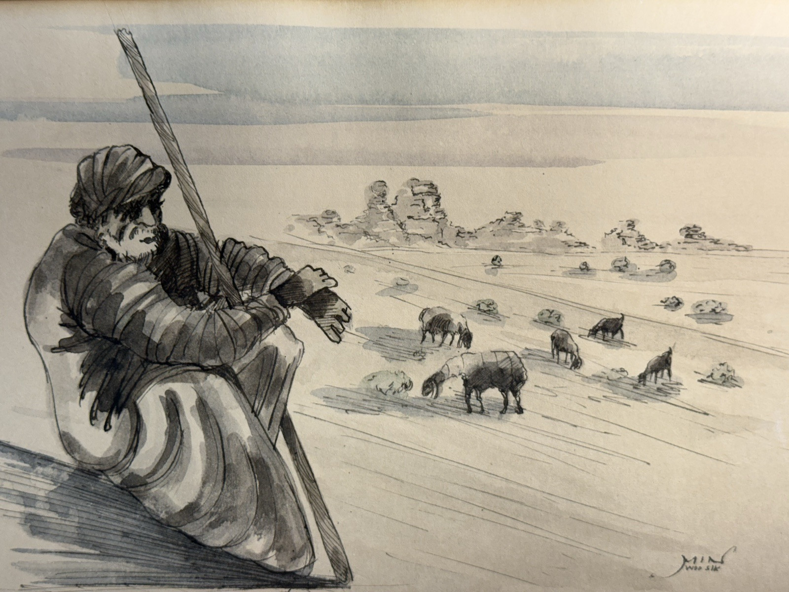 Watercolor & Pen Art “Bedouin” By Min Woo Sik (?) 16”x14”