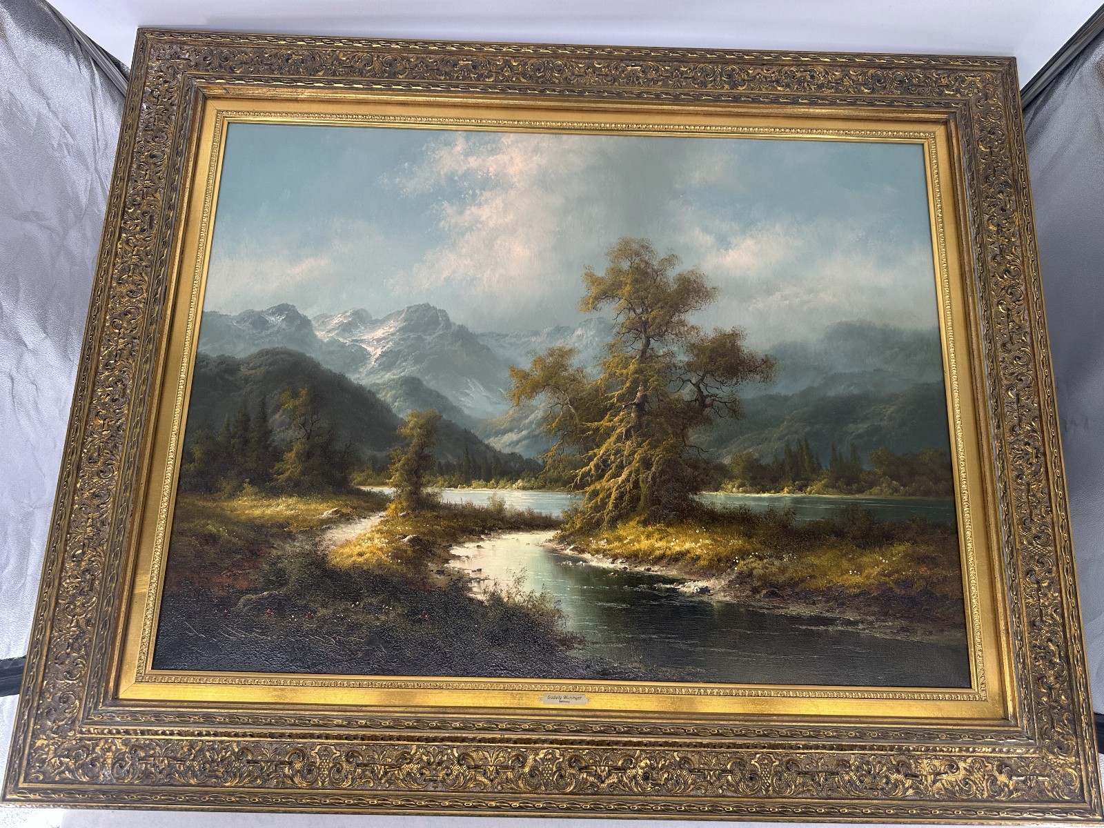 Ludwig Muninger Alpine Landscape Scene Oil Painting Framed 33″ x 41″