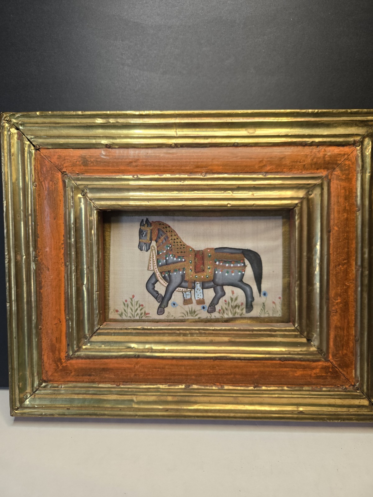 Indo-Persian Mughal Horse Painting on Cloth Brass & Wood Frame Traditional