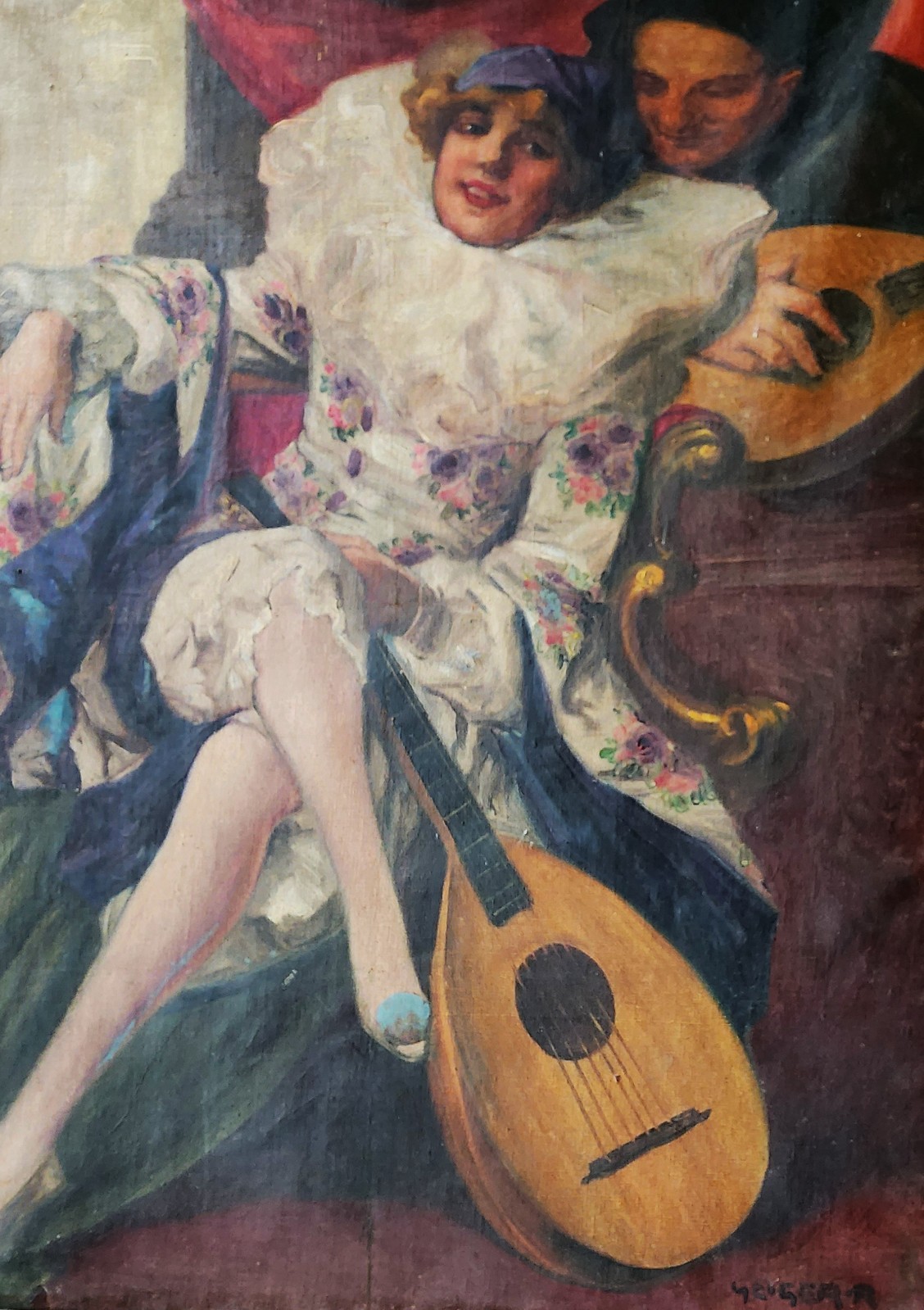 RICHARD GEIGER ( Austria 1870–1945), Oil on Canvas, Pierrette and Lute, Signed