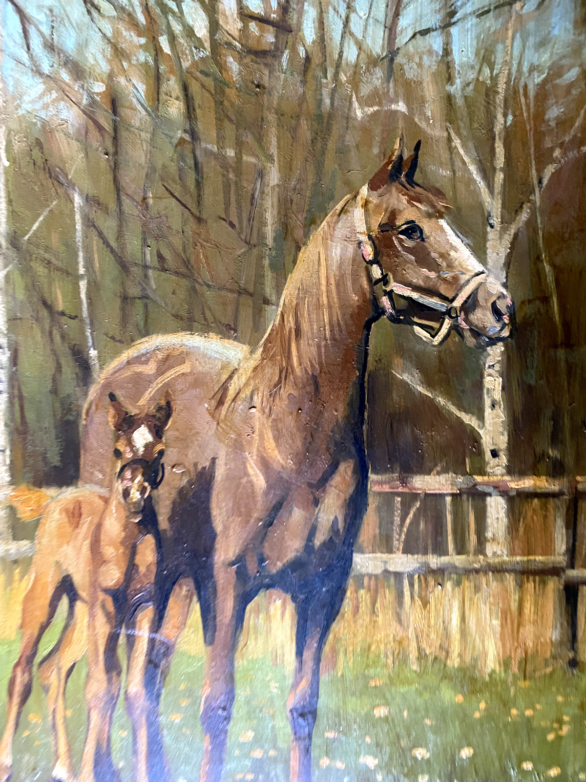 Oil painting mare with foal illegibly signed couple horse antique riding animals