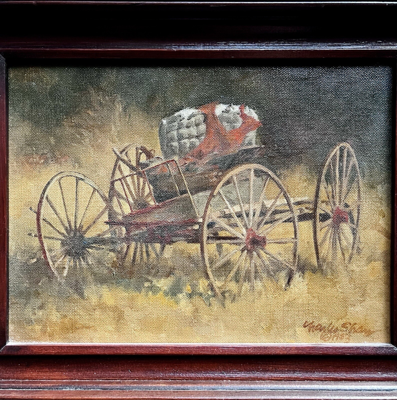 Original Charles William Shaw Oil Painting Red Coverlet Western Texas Artist