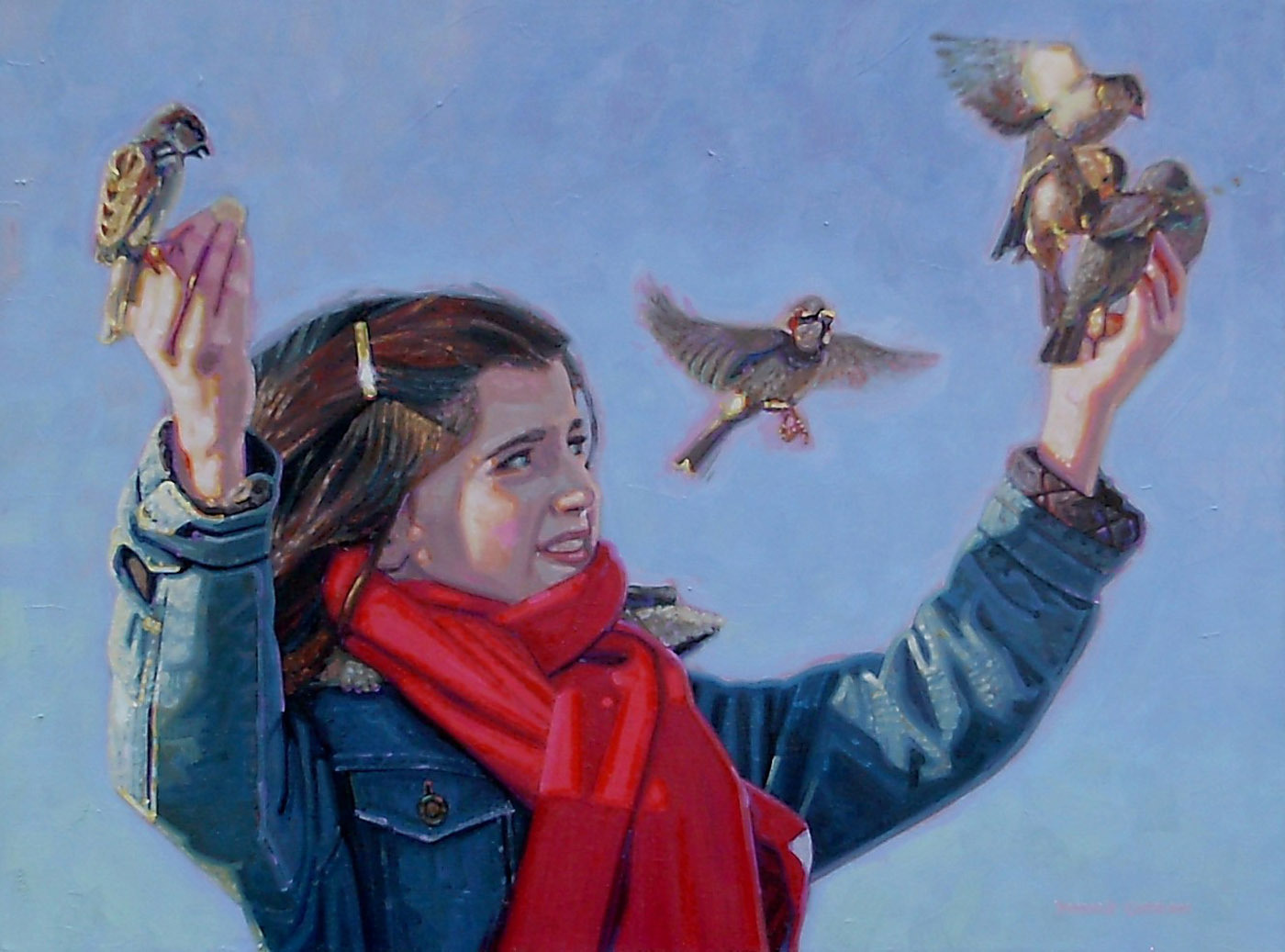 ORIGINAL OIL PAINTING, A CUTE YOUNG GIRL FEEDING THE BIRDS, Listed Artist NR!
