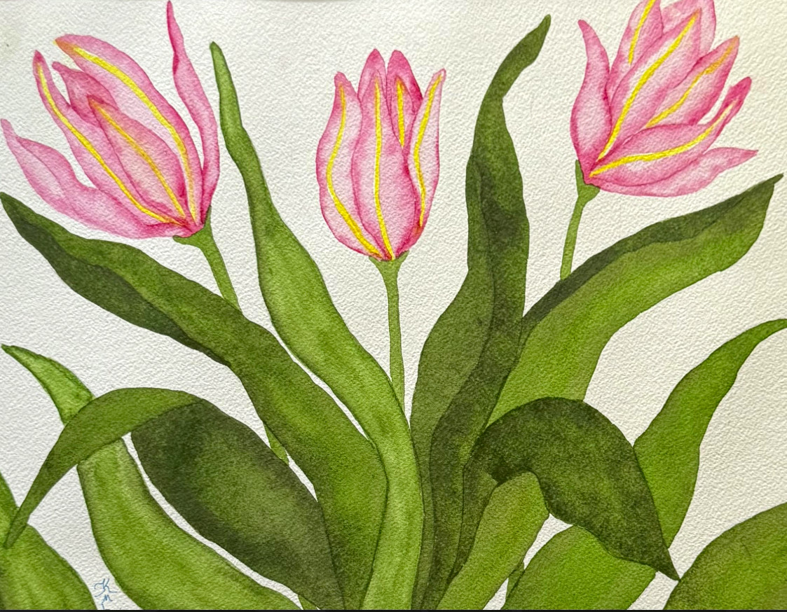 PAINTING WATERCOLOR 11X14 & DOUBLE MAT 16X20 FLOWER TULIP PINK YELLOW GREEN ART