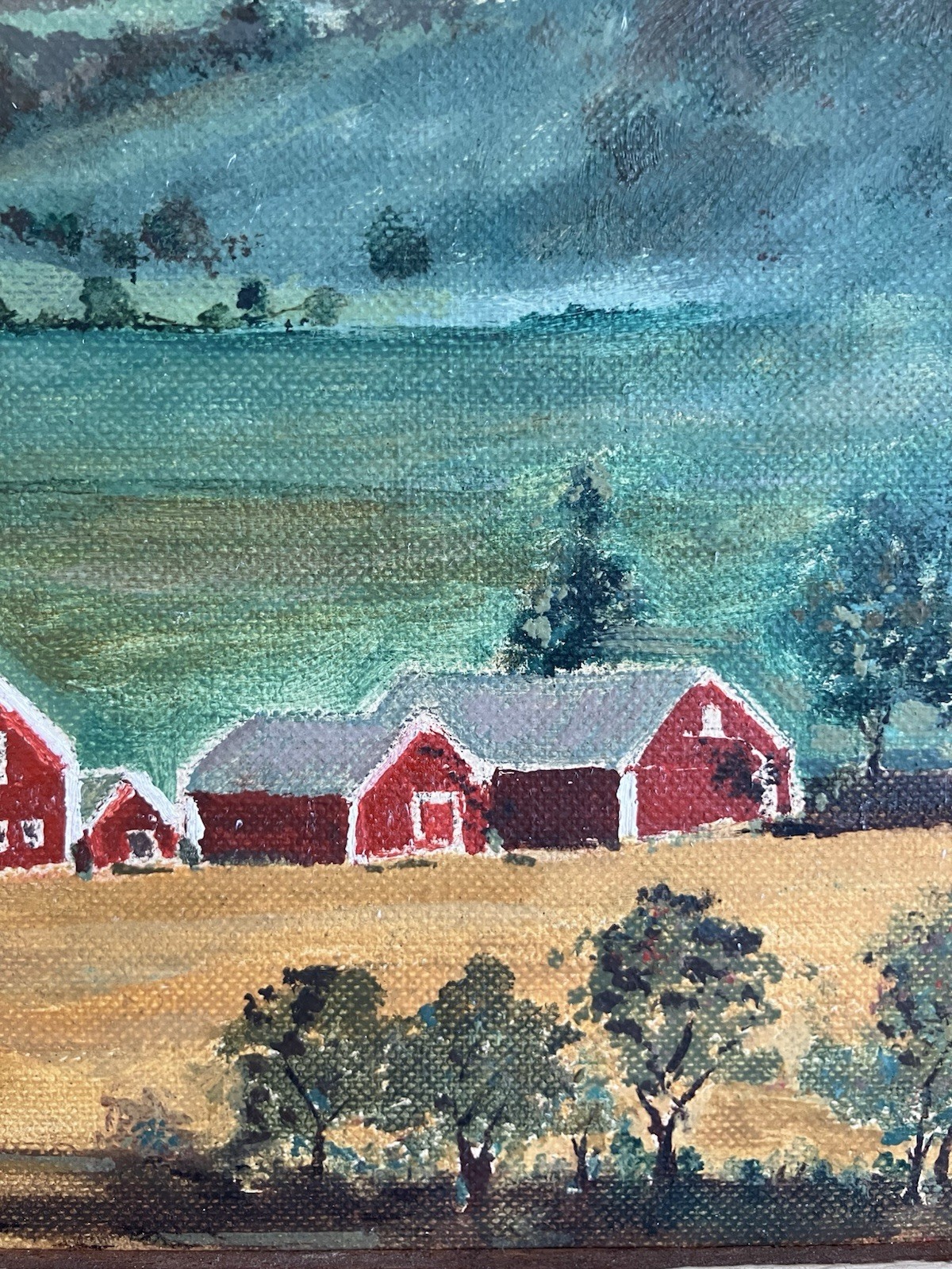 Vintage 50s Framed Primitive Folk Art Farm Barn Landscape Oil Painting 10×13