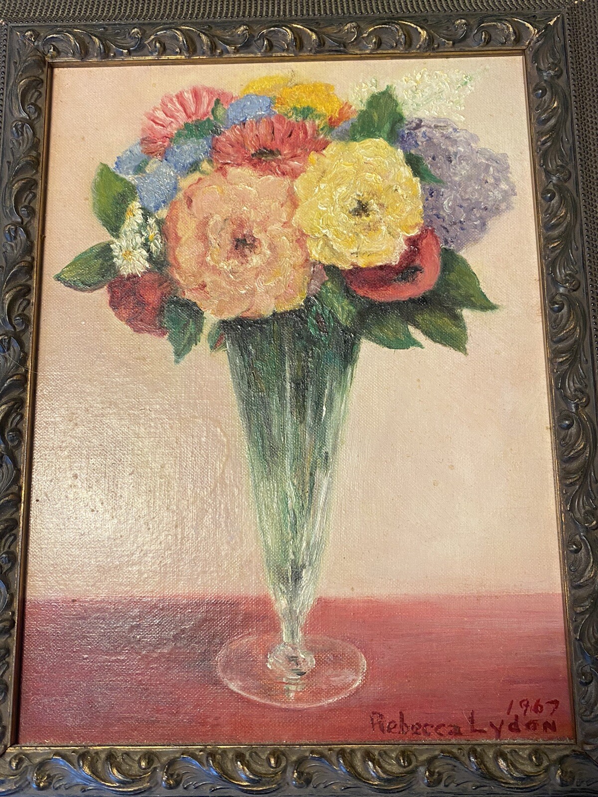Rebecca Lydon 1967 Still Life Oil Painting Crystal Waterford? Vase Flowers