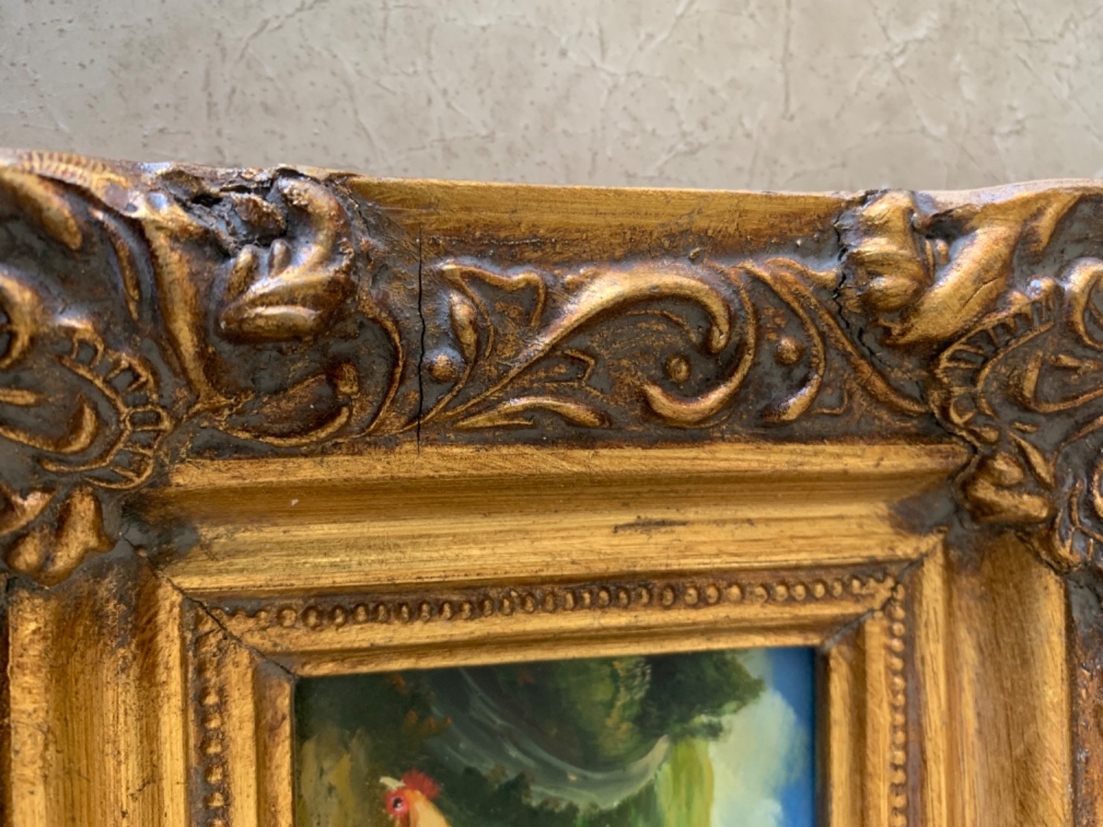 Vint Miniature Original Rooster & Hen Oil Painting Baroque Gold Frame