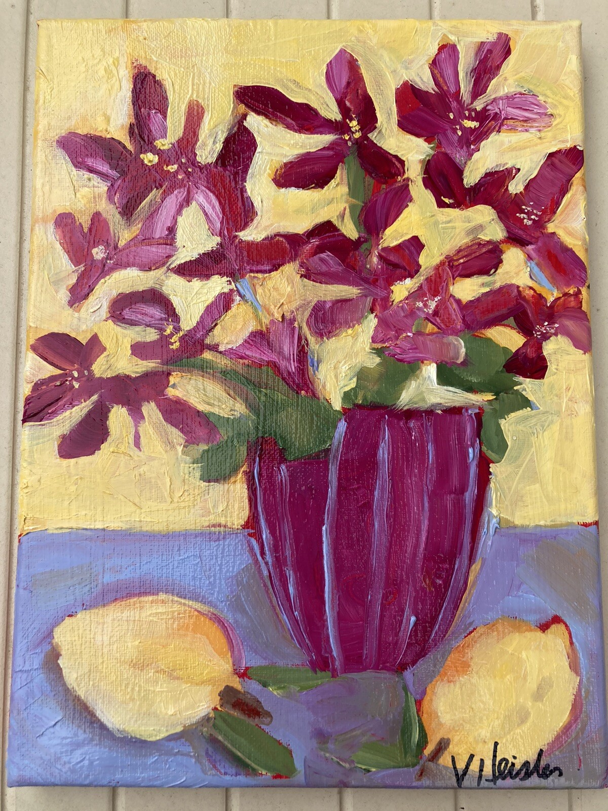 “Pink Flowers And LemonsOn Periwinkle “ AnOriginal Oil Painting 12”x9” On Canvas