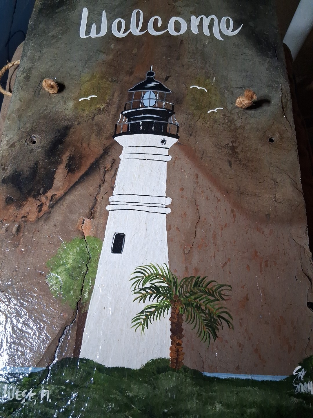 Lighthous Original Painting Florida Key West vintage On Slate Signed