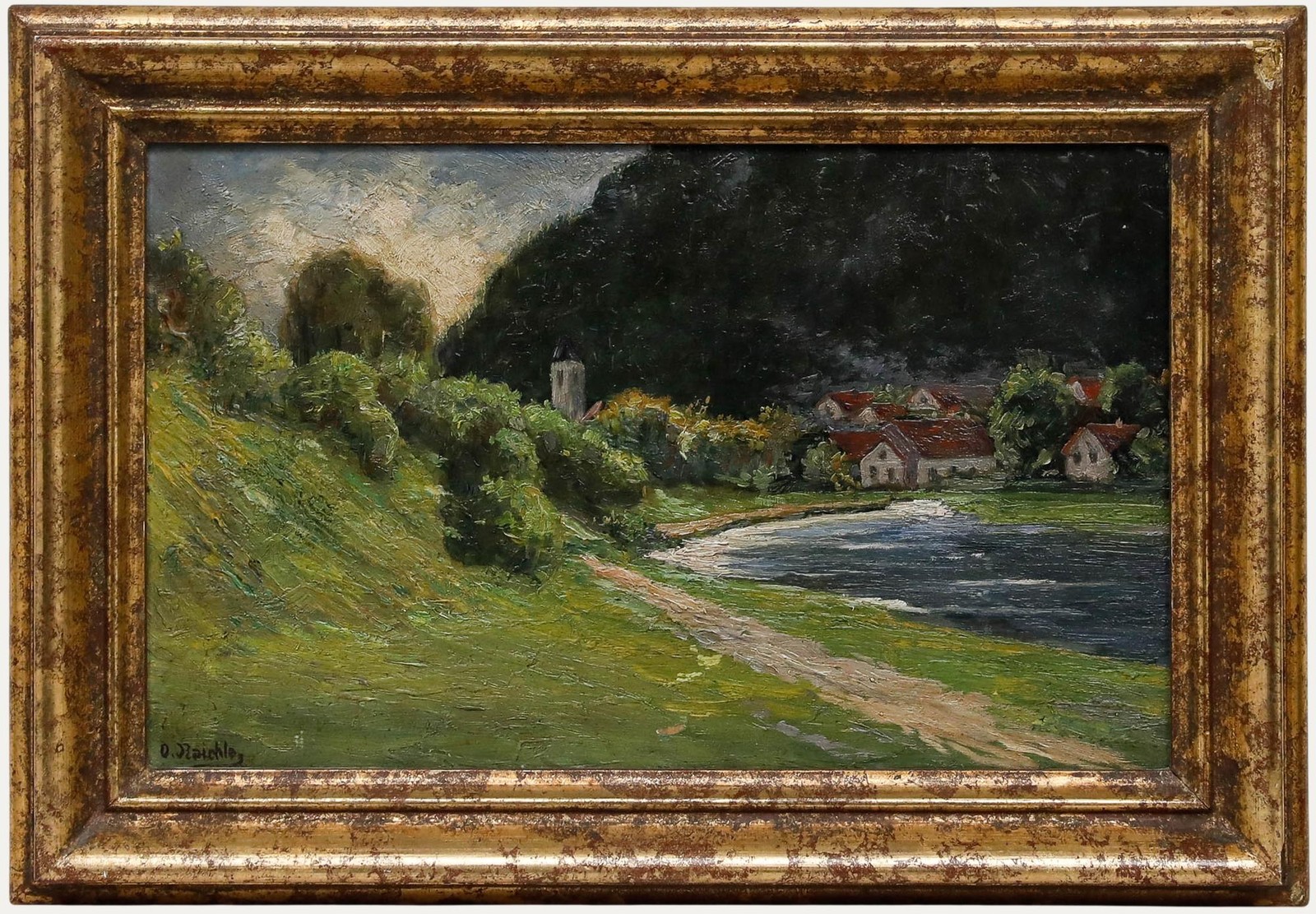 Framed Mid 20th Century Oil – Village in the Foothills