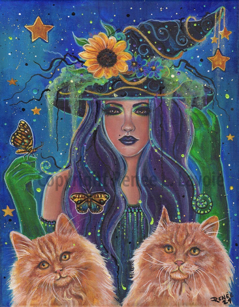 Halloween witch Clara with Tabby Original 11×14 acrylic painting by RENEE LAVOIE