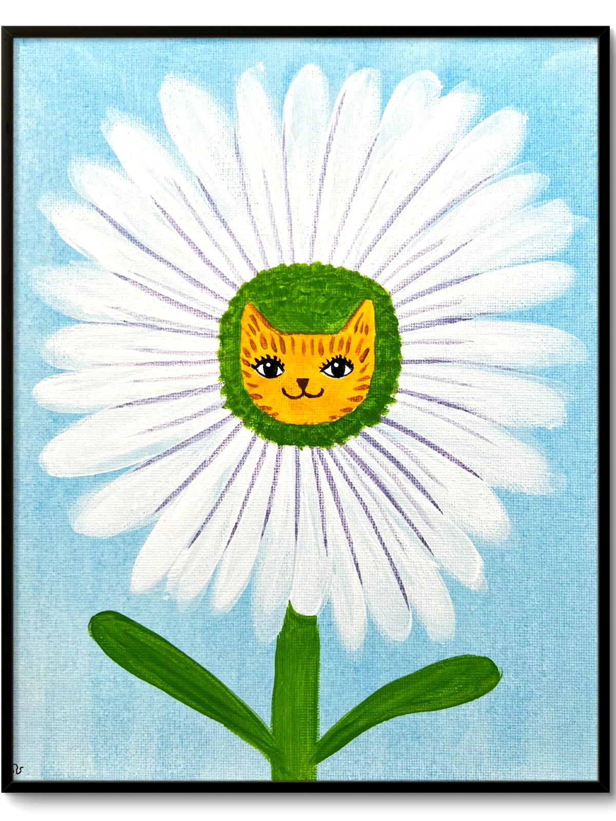 Daisy Cat Flower Original Acrylic Painting Whimsical Cat Art 8×10 Sienna Gold