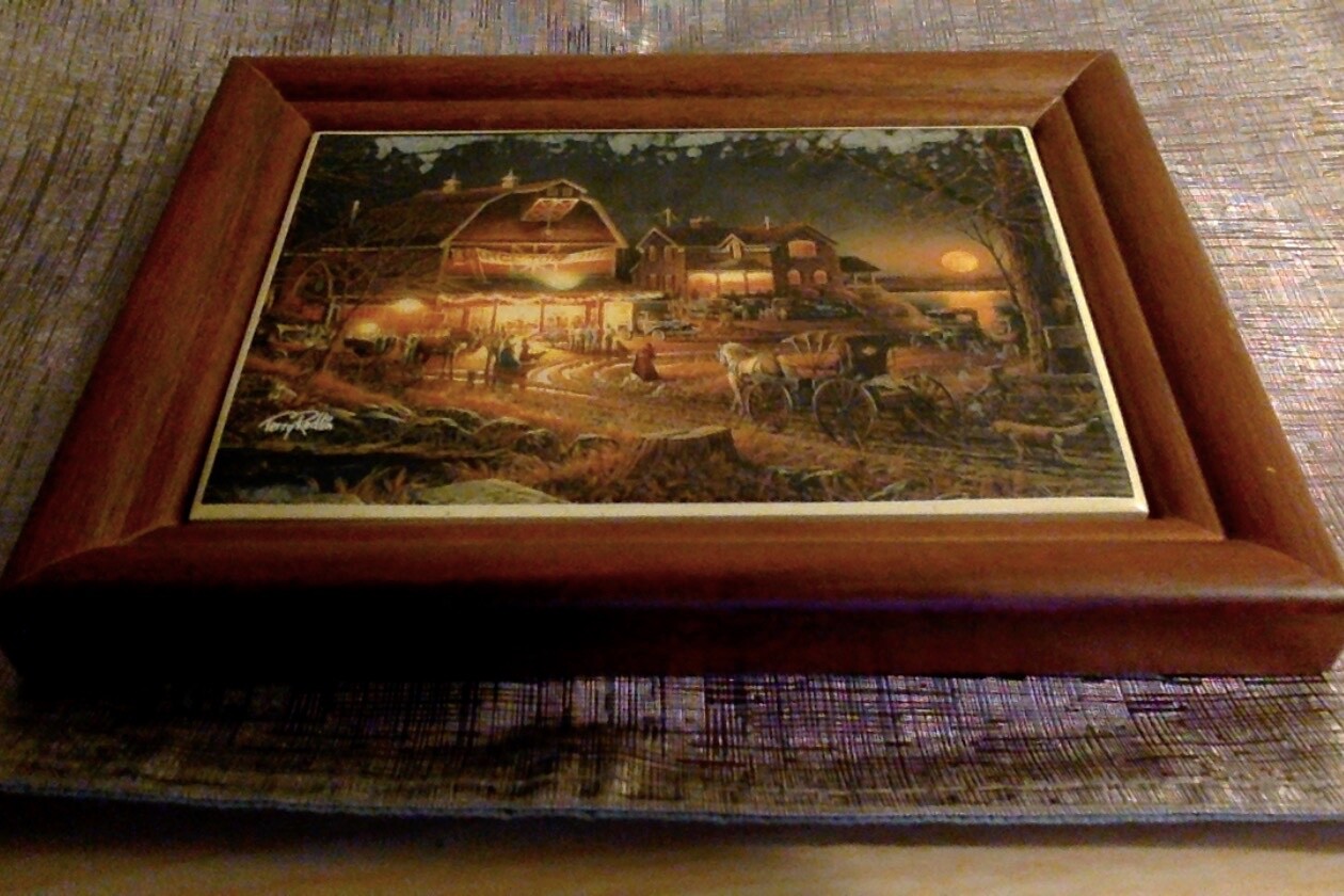 Terry Redlin Hand Painting On Porcelain ‘Harvest Moon Ball In Dark Wooden Frame