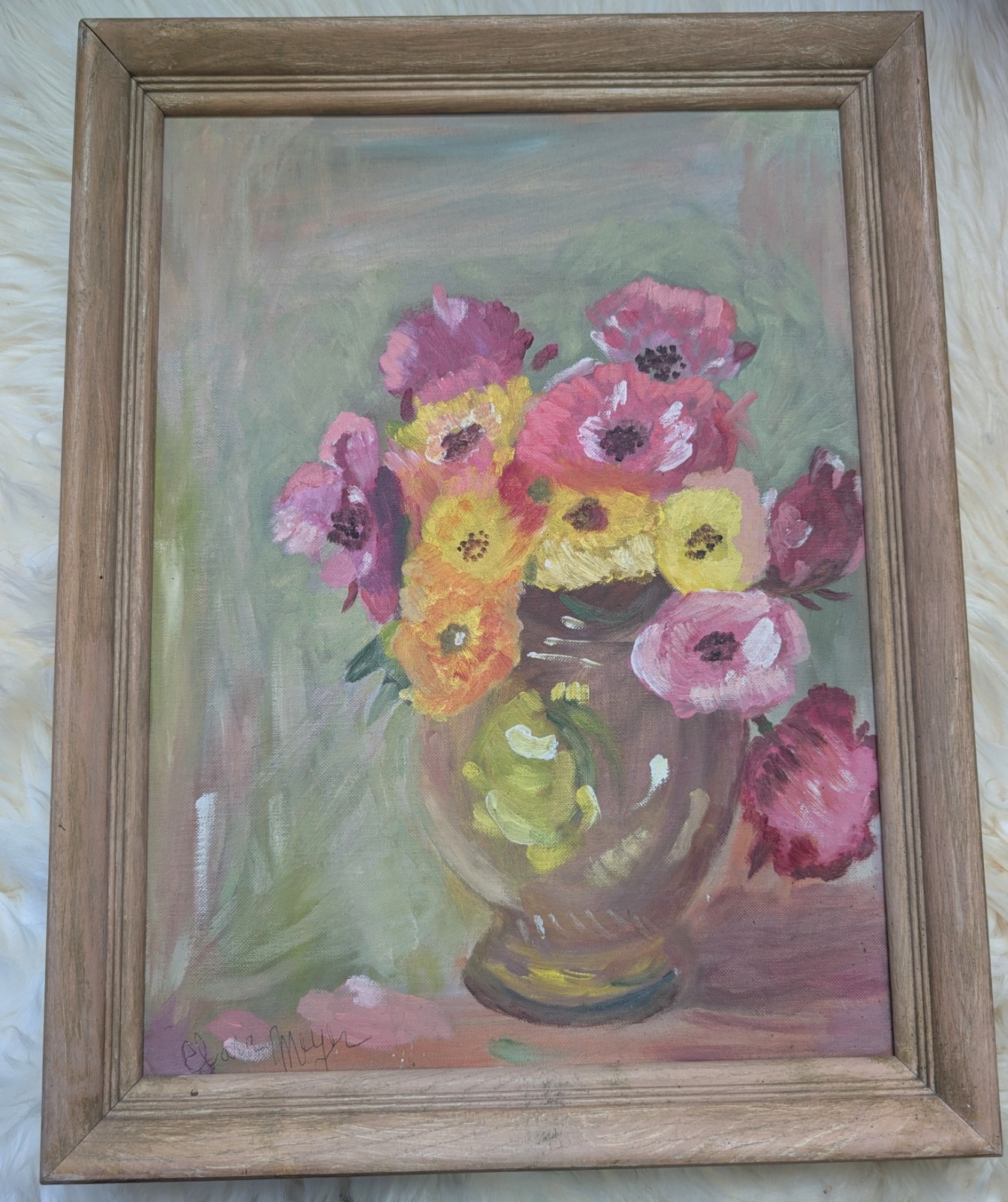 Still Life Flowers in Vase Acrylic Vintage Signed Painting 12×16 Wood Framed Art