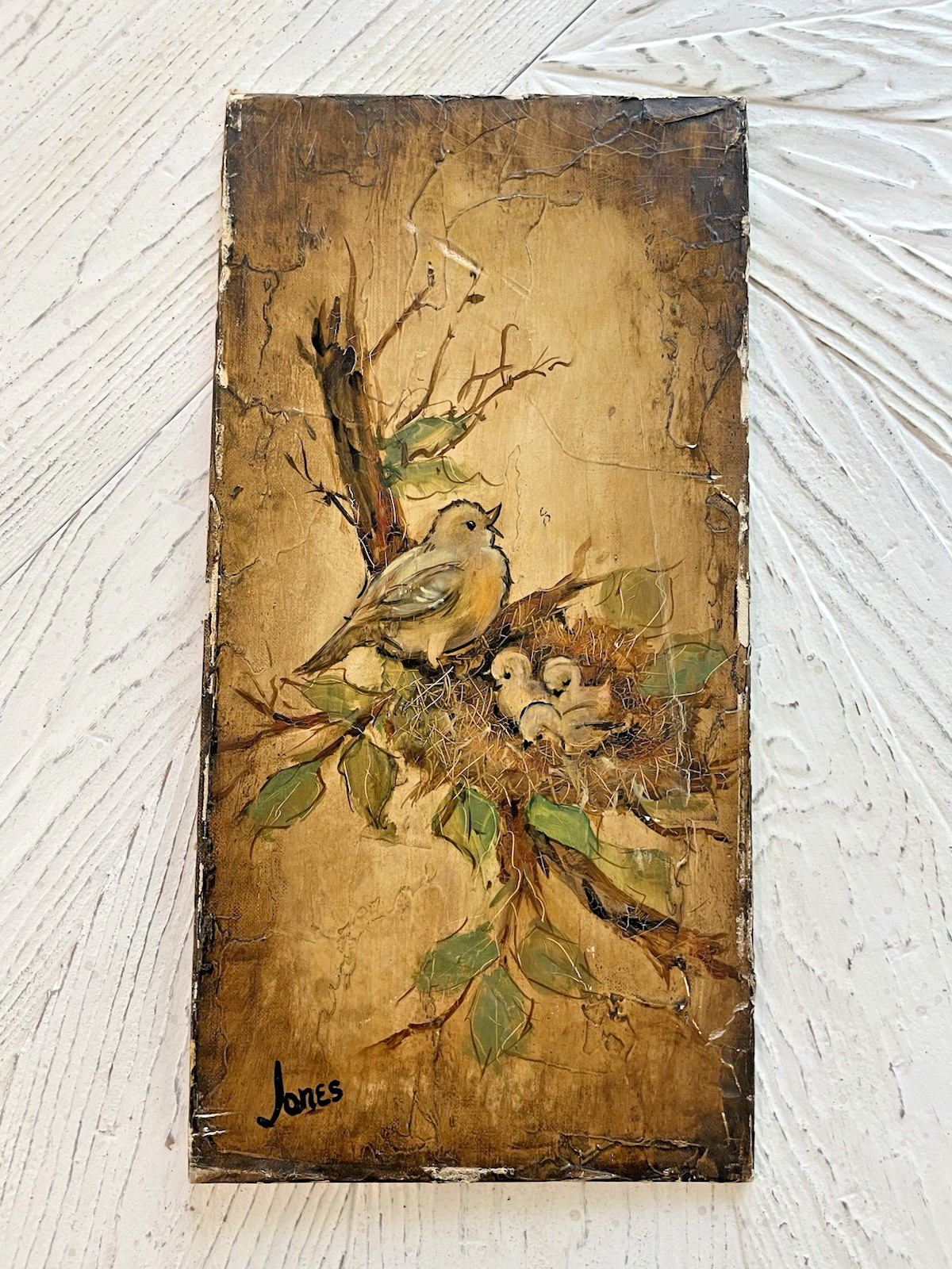 Vtg Birds in Nest Textured Oil Painting On Canvas Panel Signed Jones 8 X 16