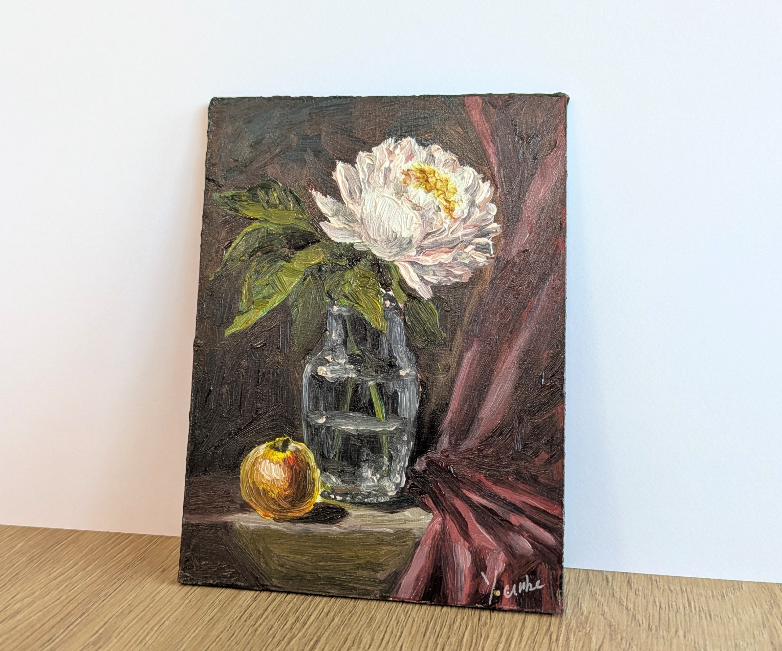 Peony Flower Painting – Floral Still Life, Original Art, Impasto, Oil Miniature