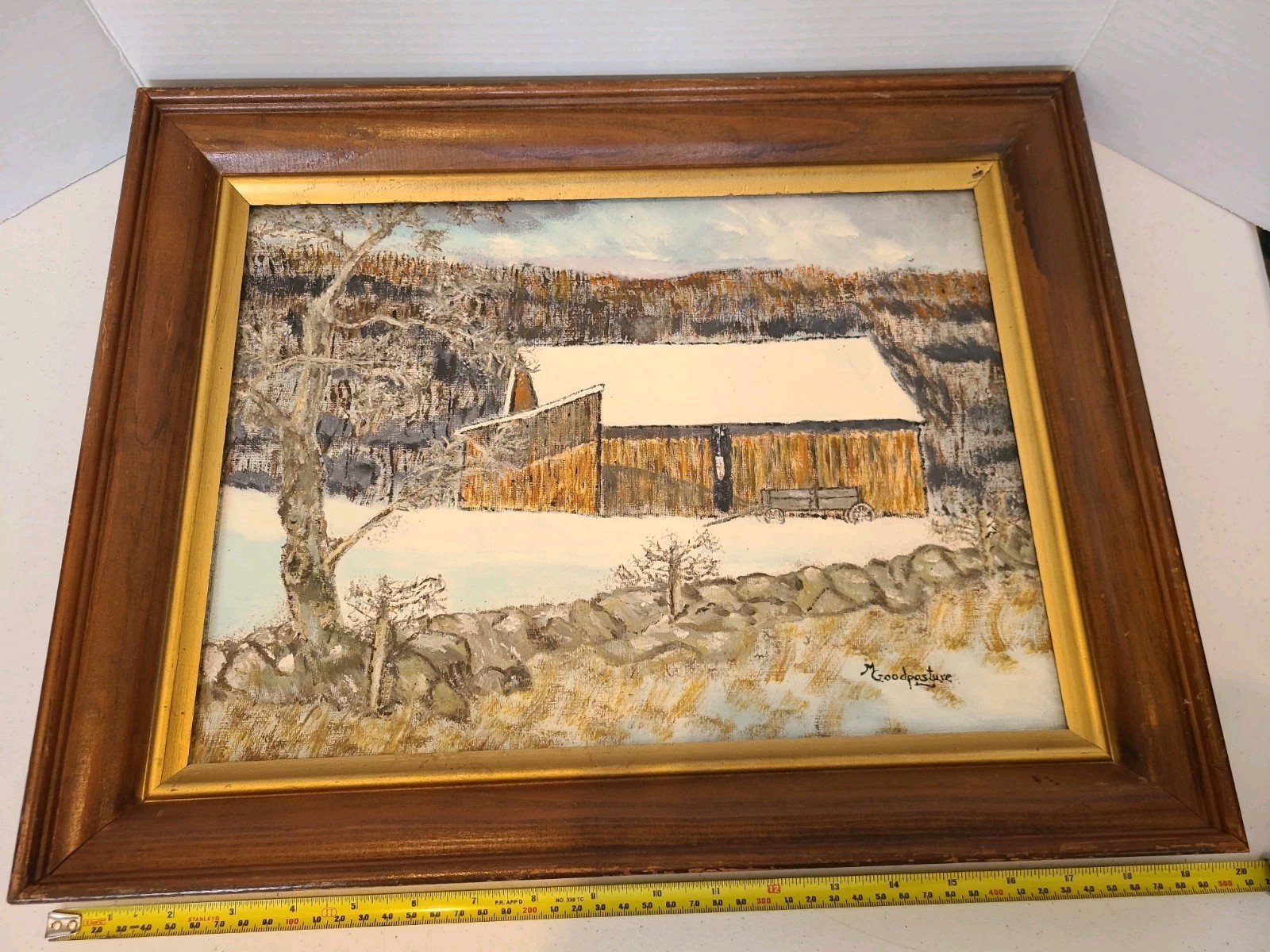 Vintage Cottage Core Framed Oil Painting Winter Barn Scene Signed 19×15
