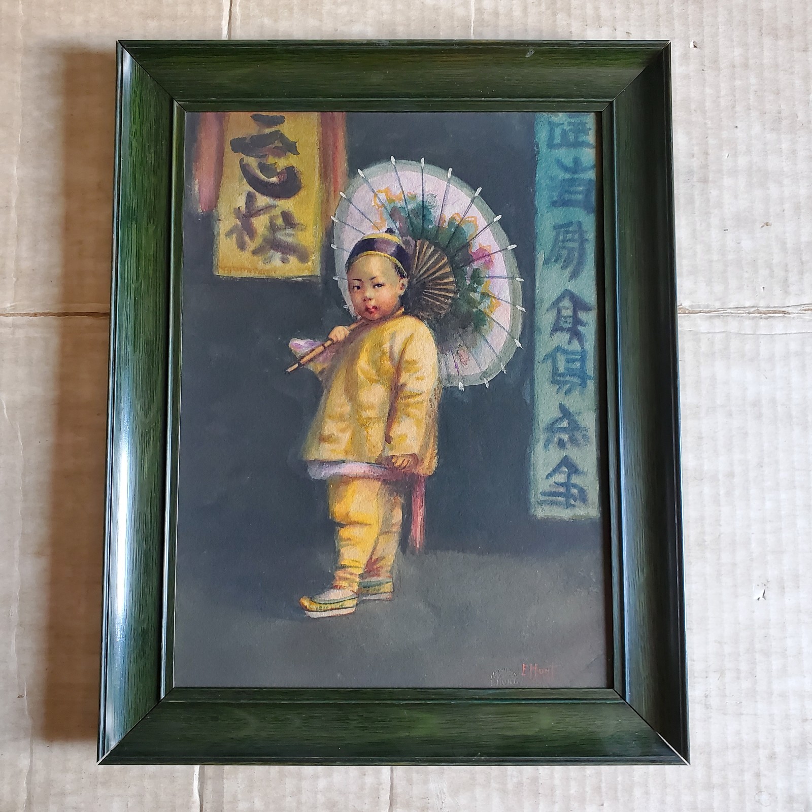 Antique, Framed, Watercolor of Chinese Child, Esther Anna Hunt 14″ × 11″