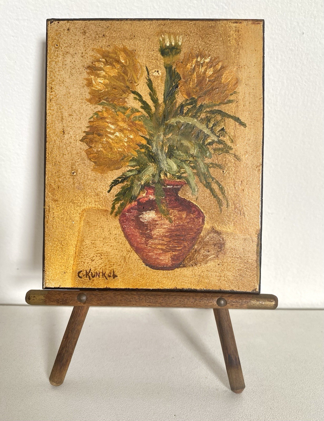 Original Oil painting Floral on Wood Easel Signed framed 6 1/2 X 4 In