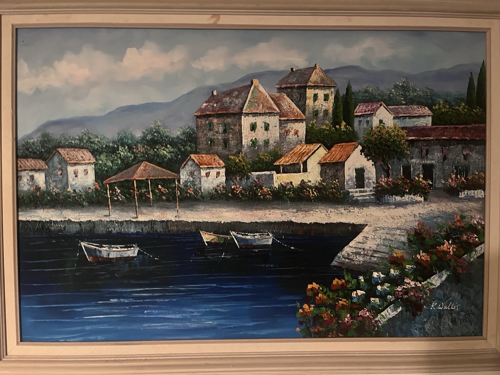 K. Wallis Signed, Framed Impressionism Painting Coastal Harbor Village Landscape