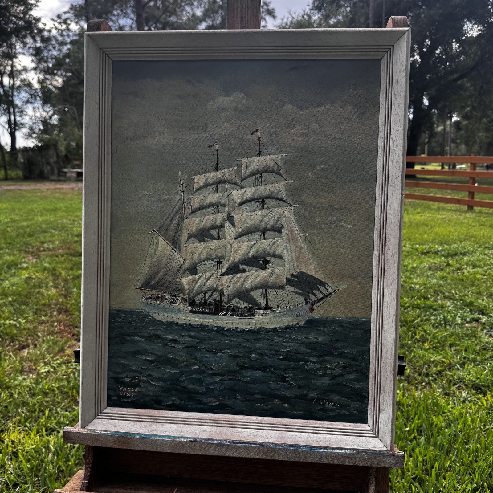 Vintage USCGC Eagle Oil Painting Signed M. L. Kauck Framed Nautical Wall Art