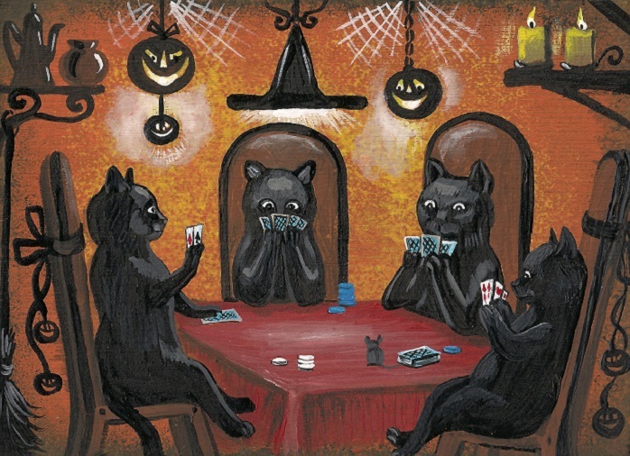 ACEO PRINT OF PAINTING RYTA HALLOWEEN BLACK CAT POKER JOL MOUSE WITCH Folk Art