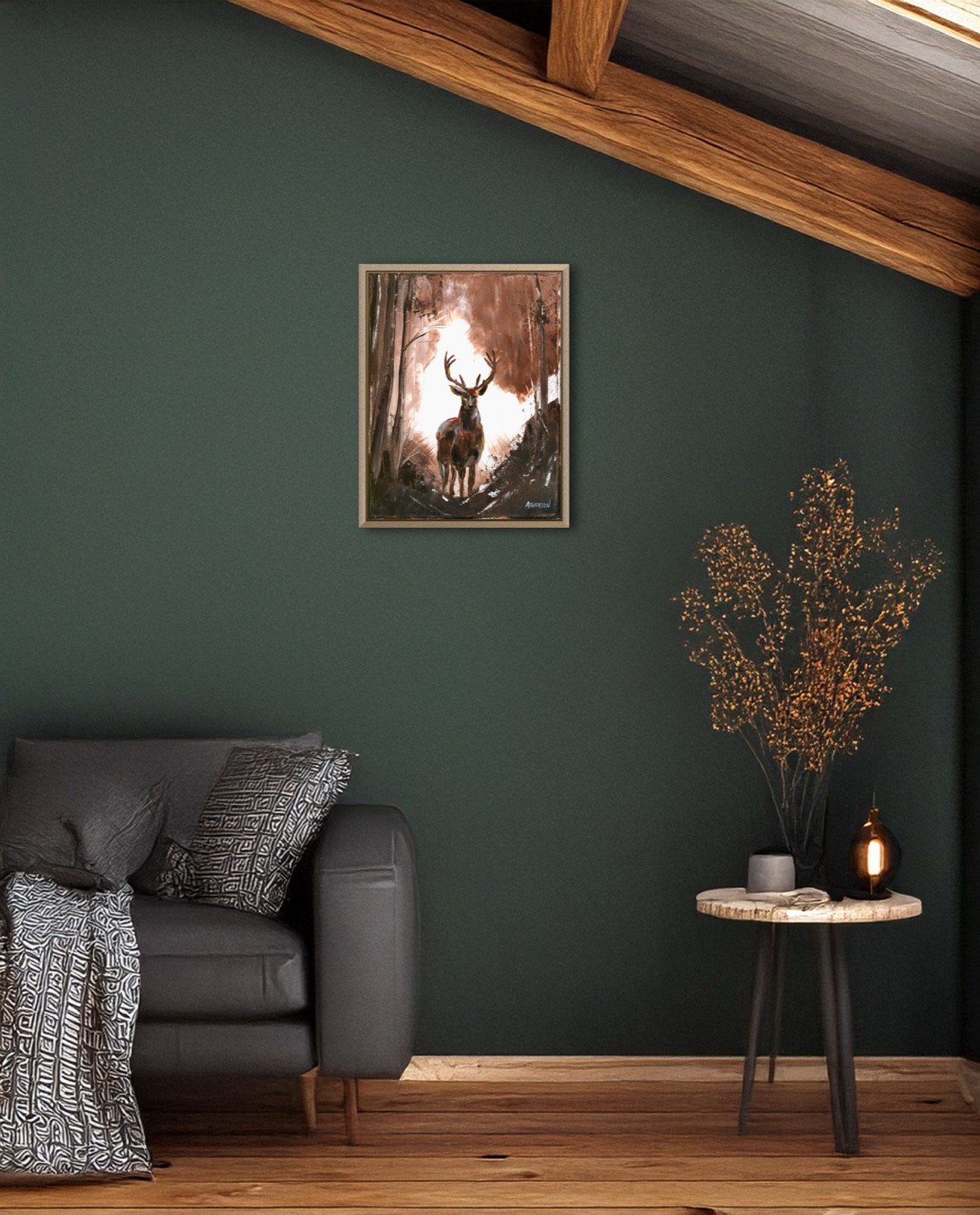 Atherton 11×14 Original Hunting theme Acrylic Painting «Deer in Forest» signed