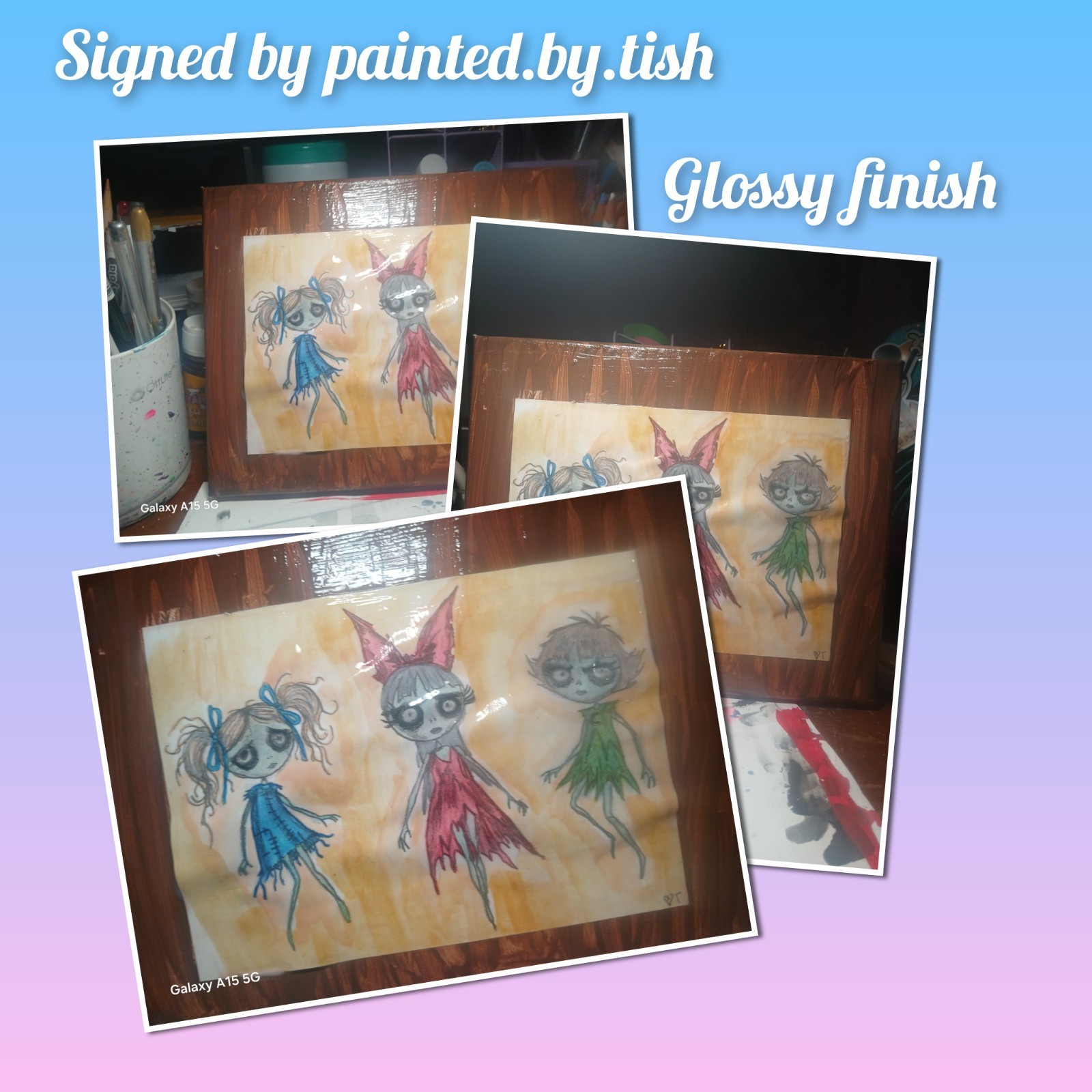 Tish Original Tim Burton Inspired Powerpuff Girls Mixed Media Painting Signed