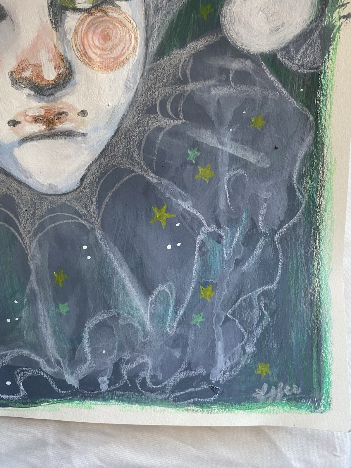 Dark Green And Gray Jester Clown Fantasy Painting On 9×12 Watercolor Paper
