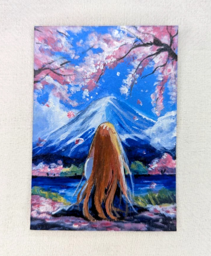 Original ACEO Acrylic Painting Cherry Blossom Mountain Landscape Girl Anime OOAK