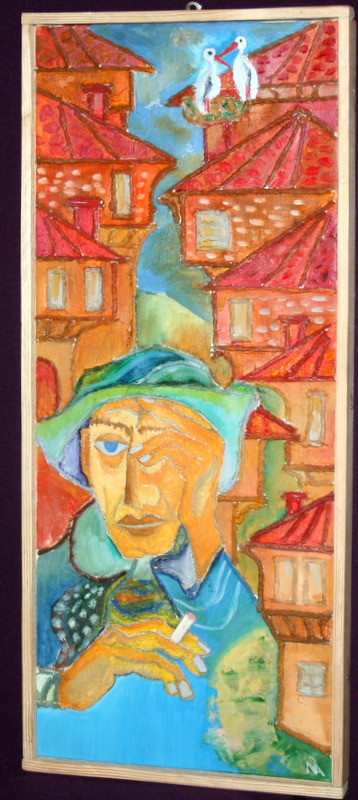 Fauvist portrait cityscape collage oil painting signed