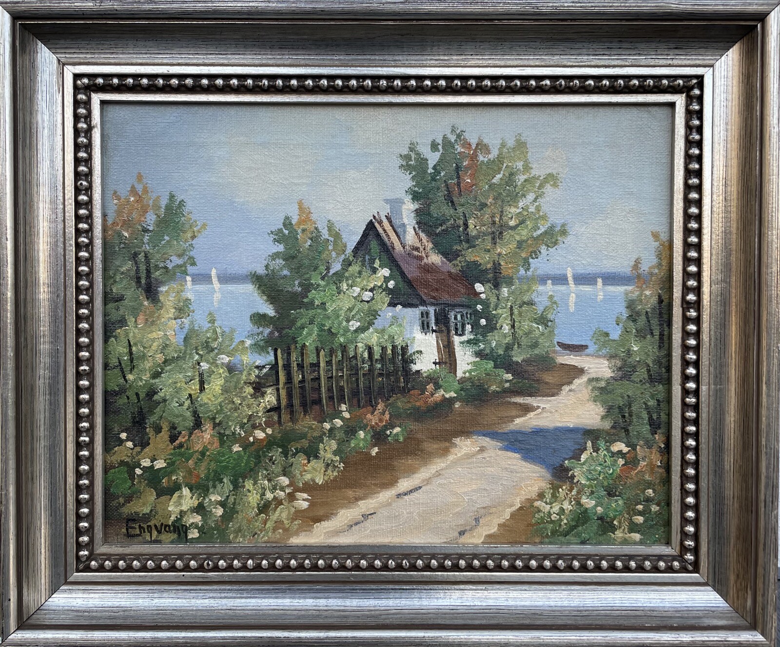 Impressionist Summer Landscape Cottage With Garden By The Sea Coast Sailboats