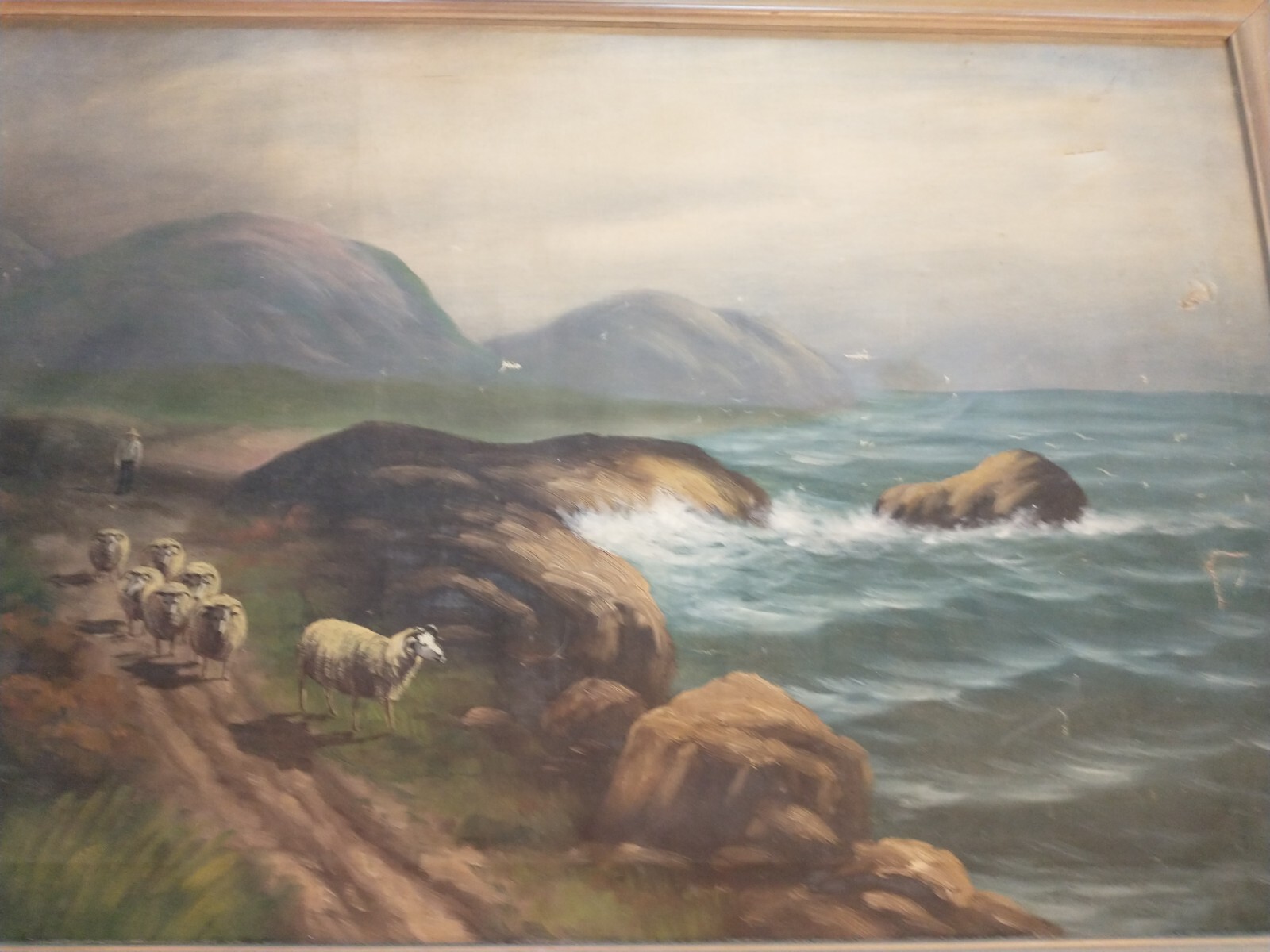 Antique T. BAILEY Original Oil Painting on canvas, Bucolic Seascape, Sheep