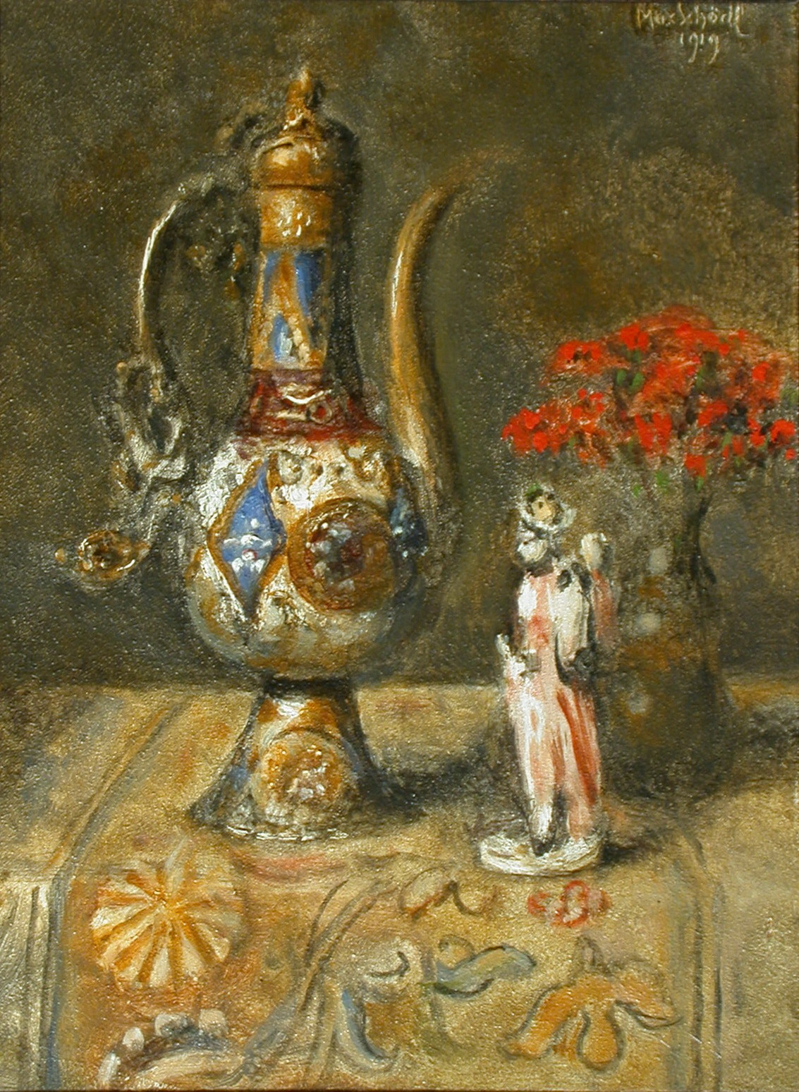 Max SCHÖDL (1834-1921) Orientale Kanne mit Porzellanfigur und Blumenstrauß.