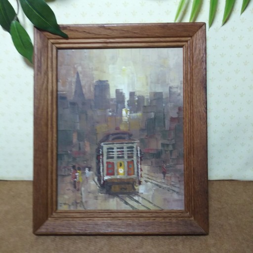 Abstract Cityscape Trolley Brown Tone Impasto Oil Painting 10×12 Framed Signed