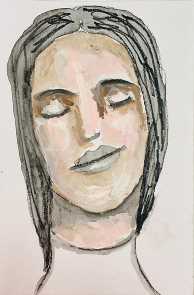 Woman Portrait Painting Peaceful Naive Wall Art Small Paper Art Meditation