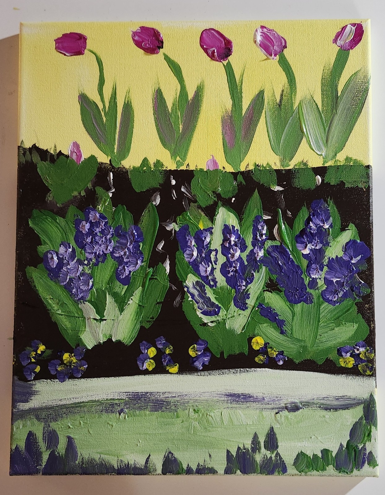 Spring Tulip Garden Painting 11×14 Original Acrylic Floral Art Hyacinth Pansies